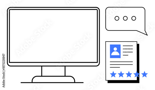 Computer screen, dialogue bubble, and document with user profile and star ratings. Ideal for concepts thumbs up hiring, online profiles, feedback systems, digital resumes, HR tools, professional