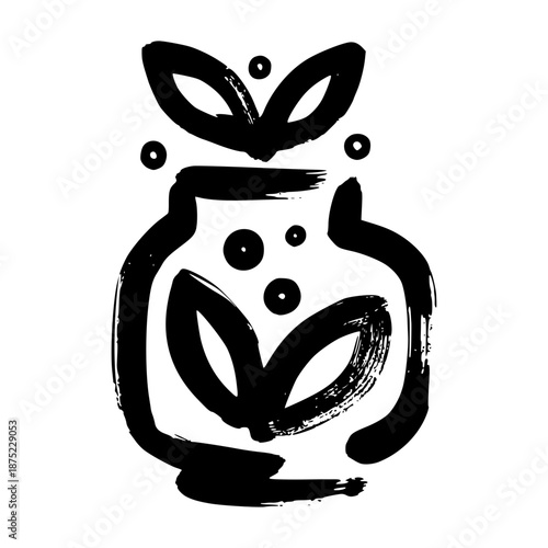 Hand-drawn kombucha jar icon vector with bubbles and leaves, minimalist black ink brush sketch for organic fermented tea logo, featuring artistic brush strokes illustration