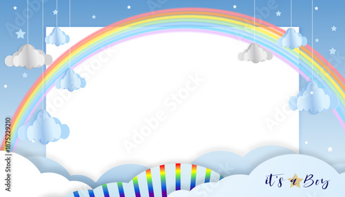 Baby shower background for Kid boy.Cute design rainbow on blue sky,white cloud white for New born greeting card,Backdrop paper art cartoon party banner,Social media template