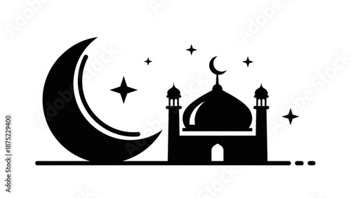 Nighttime scene of a mosque under a crescent moon and stars illustration