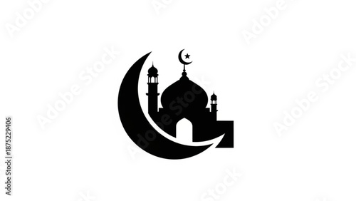 A mosque silhouette with a crescent moon and minarets, symbolizing faith and spirituality