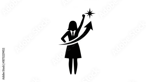 A confident businesswoman standing triumphantly with a star above her
