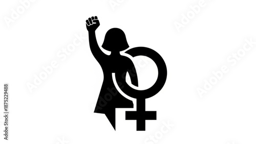A female figure stands empowered with a raised fist beside the symbol of feminism