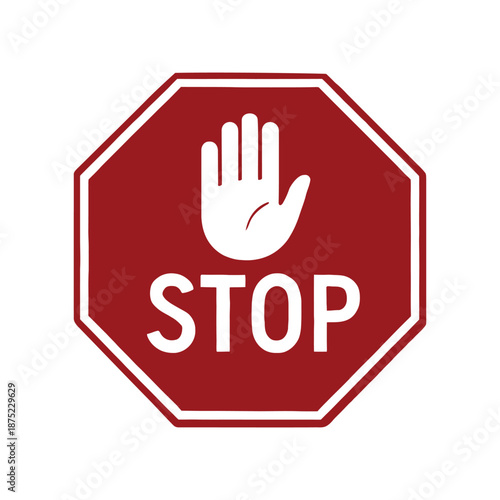 Red stop sign with hand symbol isolated on transparent background