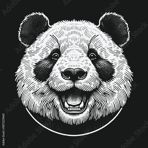 Engraved Panda Head Illustration: Detailed Black and White Portrait.