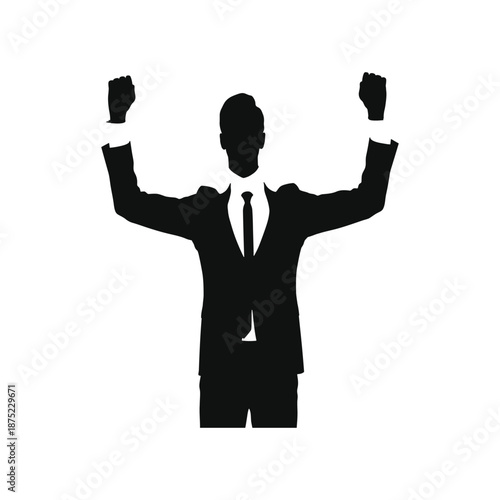 Silhouette of a person in a suit raising fists in the air