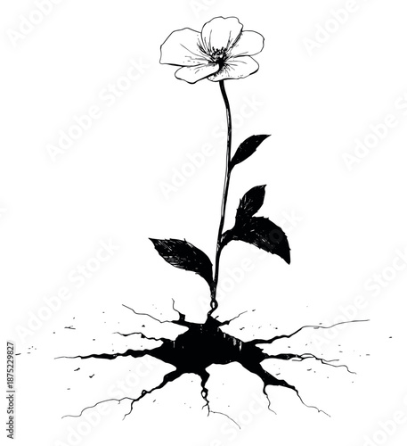 Hand drawn line art illustration of a flower depicting growth through cracked ground for concepts of resilience