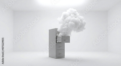 A surreal grey metal filing cabinet with a fluffy white cloud bursting out of an open drawer in a minimalist white room, surreal cloud data storage