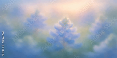 A bright sun shines in a clear blue sky over a beautiful landscape where fresh morning dew glistens on the grass and forest under fluffy white clouds