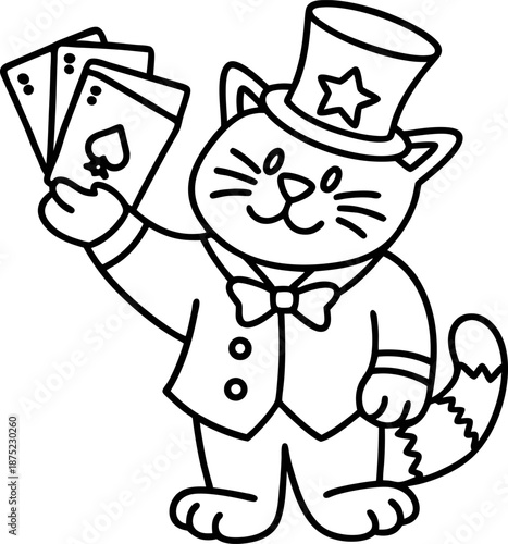 Cat magician holding playing cards wearing a top hat and bow tie illustration