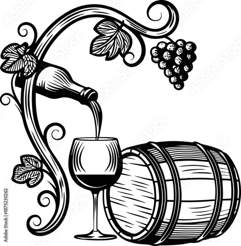 Wine pouring into glass from bottle, grapevine with leaves and bunch, wooden barrel on side