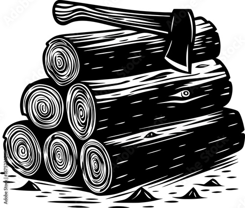 Stack of wooden logs with an axe embedded, rustic firewood pile in black and white illustration