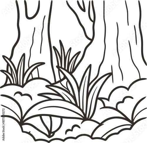 forest ground with lush grass and large tree trunks detailed black line nature scene