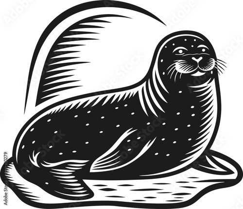 smiling seal resting on ice black and white marine mammal illustration with flippers, whiskers, spotted fur and curved tail fin
