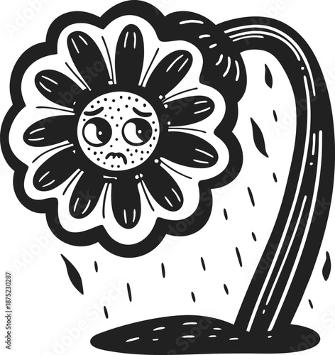 sad flower wilting with drooping stem and worried face, expressing sorrow and fatigue