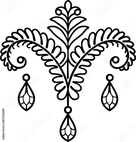 Elegant vintage ornamental flourish with hanging teardrop elements decorative floral line art motif for invitations, logos and classic designs