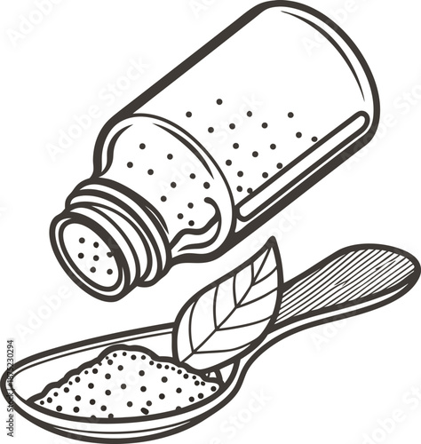 Salt shaker pouring salt into a wooden spoon with a leaf, seasoning and cooking ingredient illustration