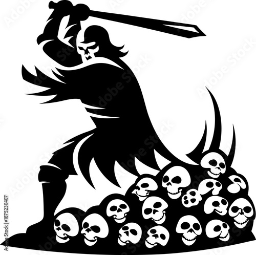 Warrior wielding sword standing on a pile of skulls, silhouette of fierce battle and victory symbol