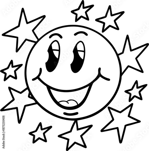 Smiling happy face surrounded by stars, cheerful sun expression with shining shapes