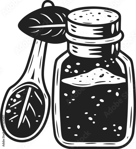 black pepper jar with wooden spoon and peppercorns illustration, seasoning spice for cooking and flavoring