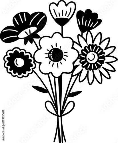 Bouquet of flowers drawn in black and white line art style, different floral shapes tied together with ribbon