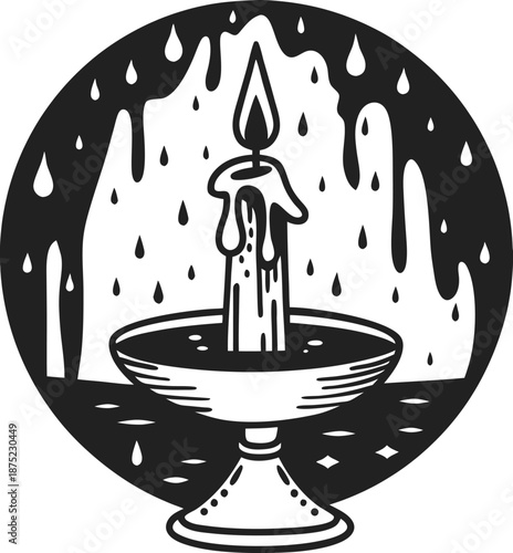 candle burning on holder with dripping wax and flame surrounded by stylized drops and flames background
