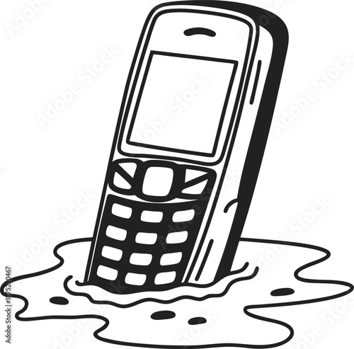 Old mobile phone submerged in water, vintage cellphone sinking and liquid splash illustration