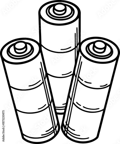 Three aa batteries illustration in black and white, power source energy cells stacked
