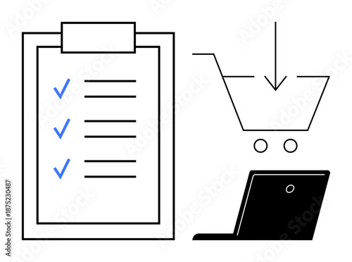 Online shopping, digital retail, task management, productivity tools, order tracking, and e-commerce systems. Checklist, shopping cart and laptop elements. Online shopping and digital retail