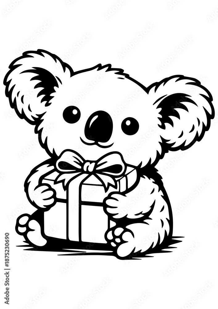 Fototapeta premium Cute koala holding gift with bow vector line art, black and white illustration for engrave and celebrations.