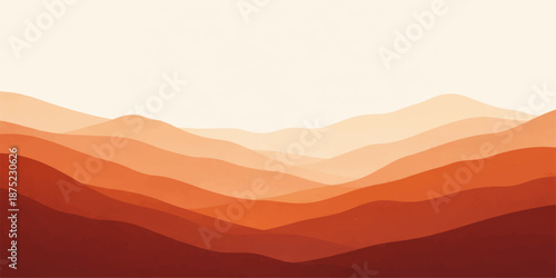 Vector illustration of a desert landscape with mountain silhouettes under an orange sunset sky with clouds and glowing morning light over a mist covered valley horizon