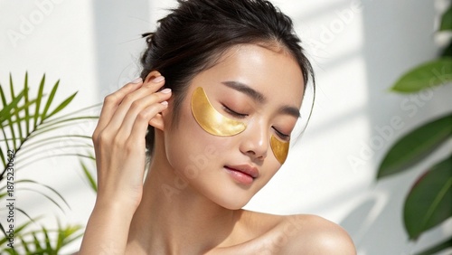 Asian beauty teenager woman care her skin with gold eye masks patches under eyes
