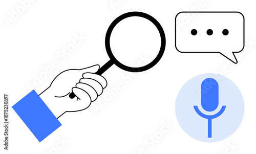 Search tools, communication, audio recording, voice recognition, user interaction, digital media. Hand holding a magnifying glass, speech bubble microphone icon. Search tools and communication