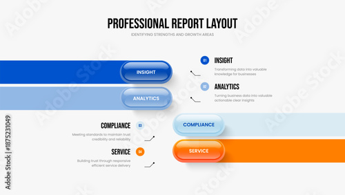 Financial Insight Slideshow Design Vector Illustration. Sales Profile Four Element Infographic Presentation Layout. Corporate Proposal 4 Option Diagram Frame Template.