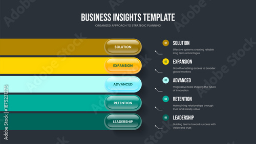 Business Portfolio Five Option Diagram Presentation Design. Marketing Campaign 5 Step Infographic Slideshow Template. Consulting Launch Frame Layout Vector Illustration.