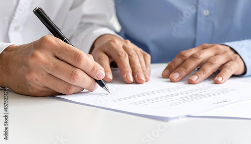 Signing the Deal: Two individuals engage in a professional transaction, the image of a pen in hand as one signs the important agreement. This scene is about the moment of the legal procedure.