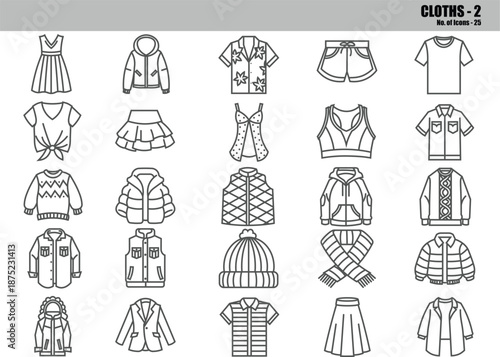 Fashion Line Icons Set – Jackets, Hoodies, Dresses & Seasonal Apparel Outline Symbols, Editable Vector Pack
