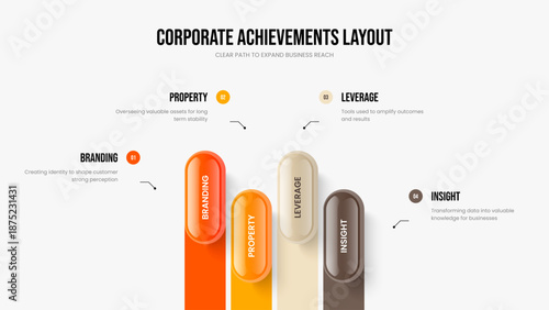 Professional Proposal 4 Element Infographic Presentation Design. Investor Showcase Four Step Diagram Slide Template. Financial Portfolio Frame Layout Vector Illustration.
