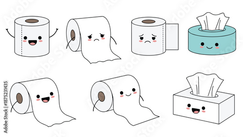 Playful cartoon characters of toilet paper rolls and tissue boxes showing happy and sad facial expressions in a cute style.