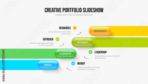 Company Briefing 4 Element Diagram Slide Layout. Service Insight Four Step Infographic Presentation Design. Professional Growth Slideshow Template Vector Illustration.