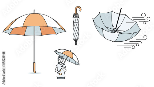 Illustrations of an umbrella in use by a person, folded up, and being turned inside out by strong winds in various weather conditions.