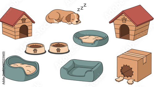 Collection of dog houses and sleeping beds with feeding bowls for pet care and animal shelter organization themes.