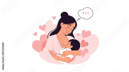 Beautiful illustration of a mother lovingly breastfeeding her baby infant surrounded by pink hearts and soft clouds.