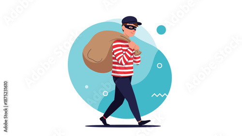 Cartoon thief character in a striped shirt and mask carrying a large loot bag in a simple flat illustration style.