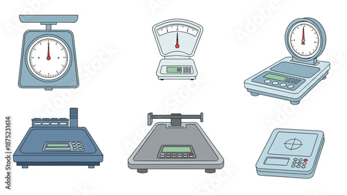 Industrial and mechanical weighing scales of different models used for commerce and measurement in factories or labs.