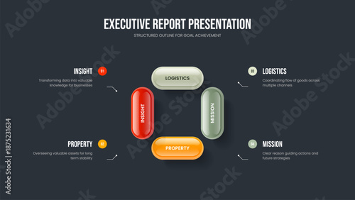 Company Proposal Four Option Diagram Slide Template. Marketing Growth Slideshow Layout Vector Illustration. Business Performance 4 Step Infographic Presentation Design.