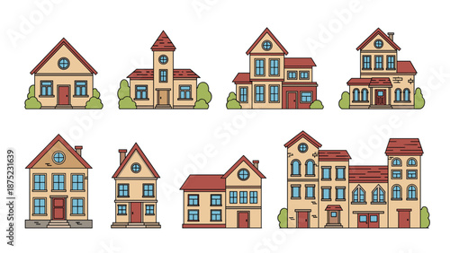 Architectural collection of various residential house and building designs featuring different styles and sizes.