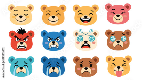 Colorful bear emoji faces showing a range of emotions like happy and sad for digital communication and reactions.
