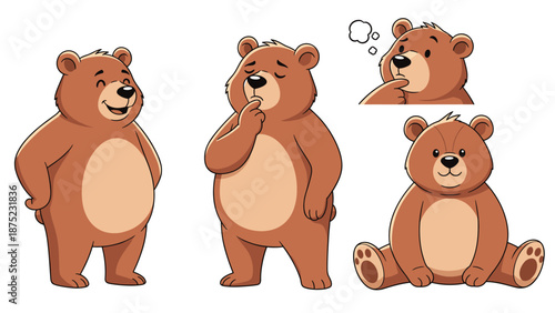 Friendly brown bear character shown in multiple poses from standing to sitting for storybooks and children's designs.