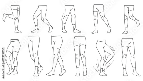 Human legs depicted in various stages of movement including walking, running, and standing for anatomical and motion reference.